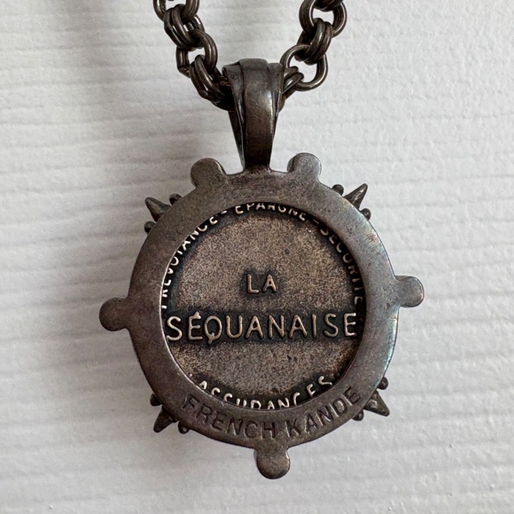 French Kande Long Chain Necklace w/ Coin-like Pendant - Picture 3 of 7